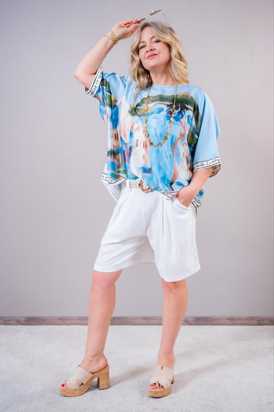 Oversize Blusen-Shirt mit Print, hellblau