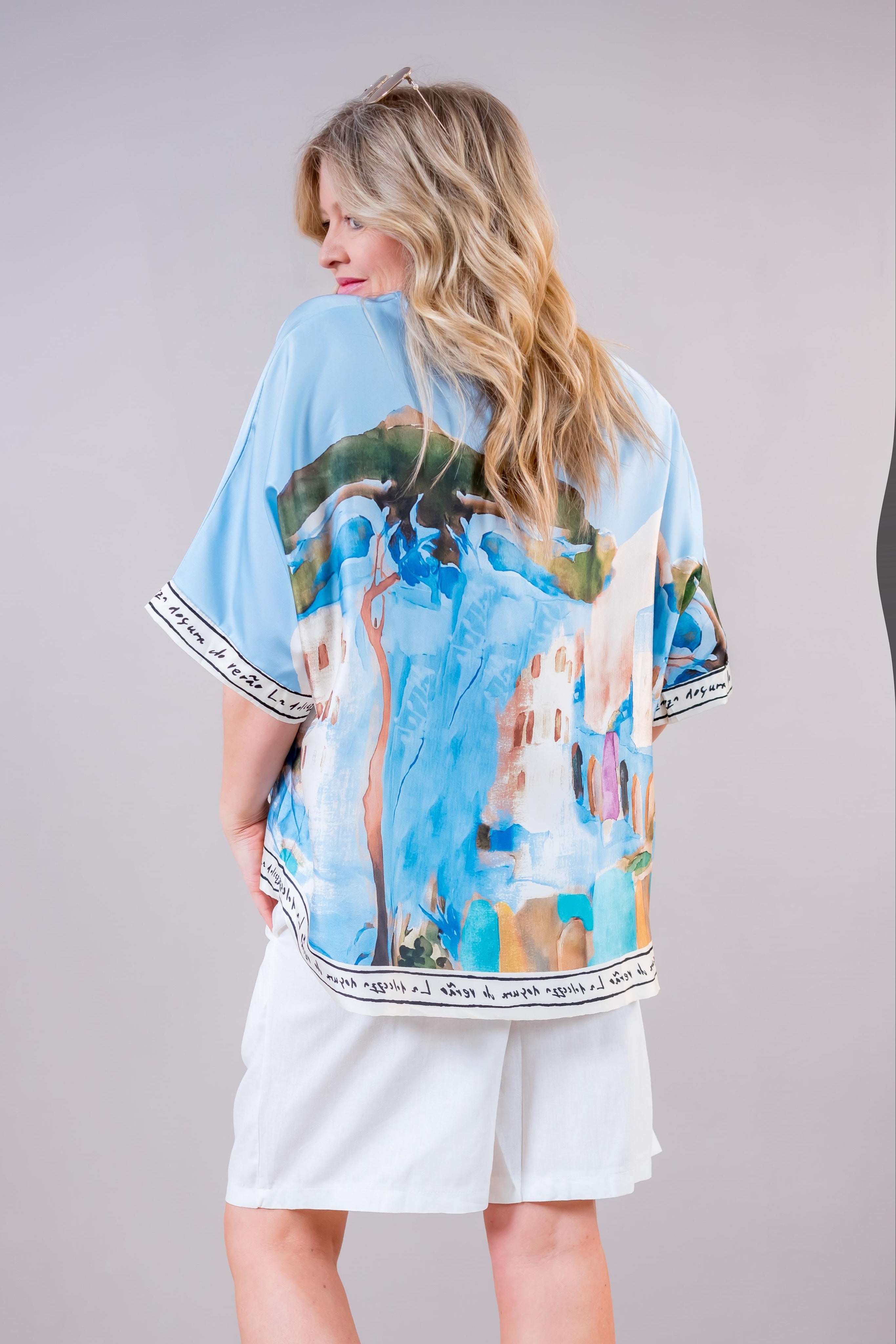 Oversize Blusen-Shirt mit Print, hellblau