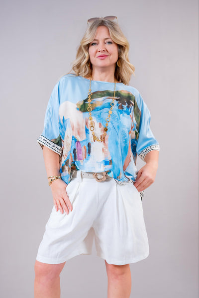 Oversize Blusen-Shirt mit Print, hellblau