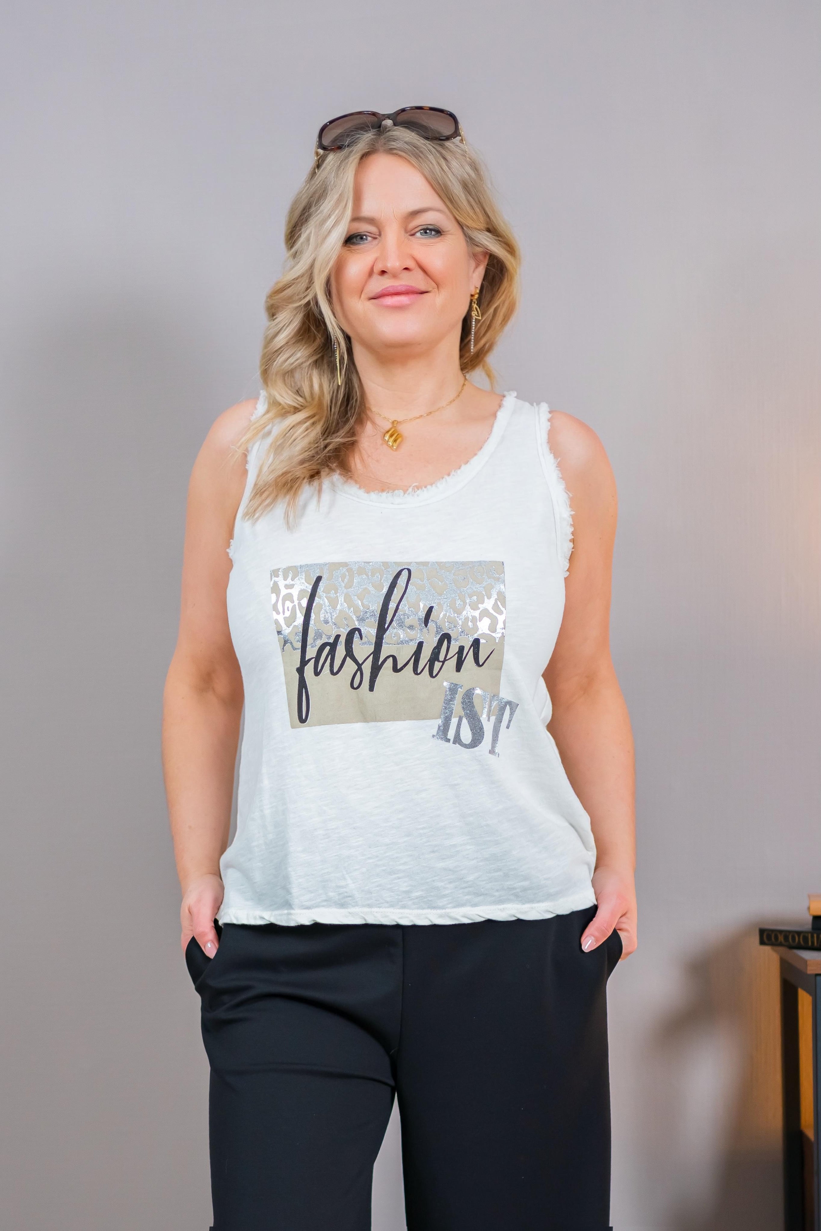 Top mit Metallicprint, ecru