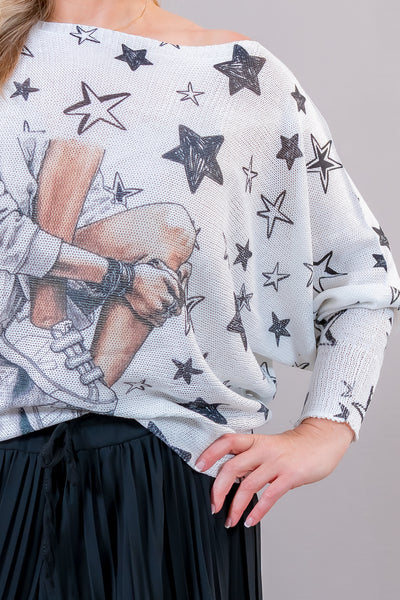 Leichter Sommerpulli mit Print, weiß/schwarz