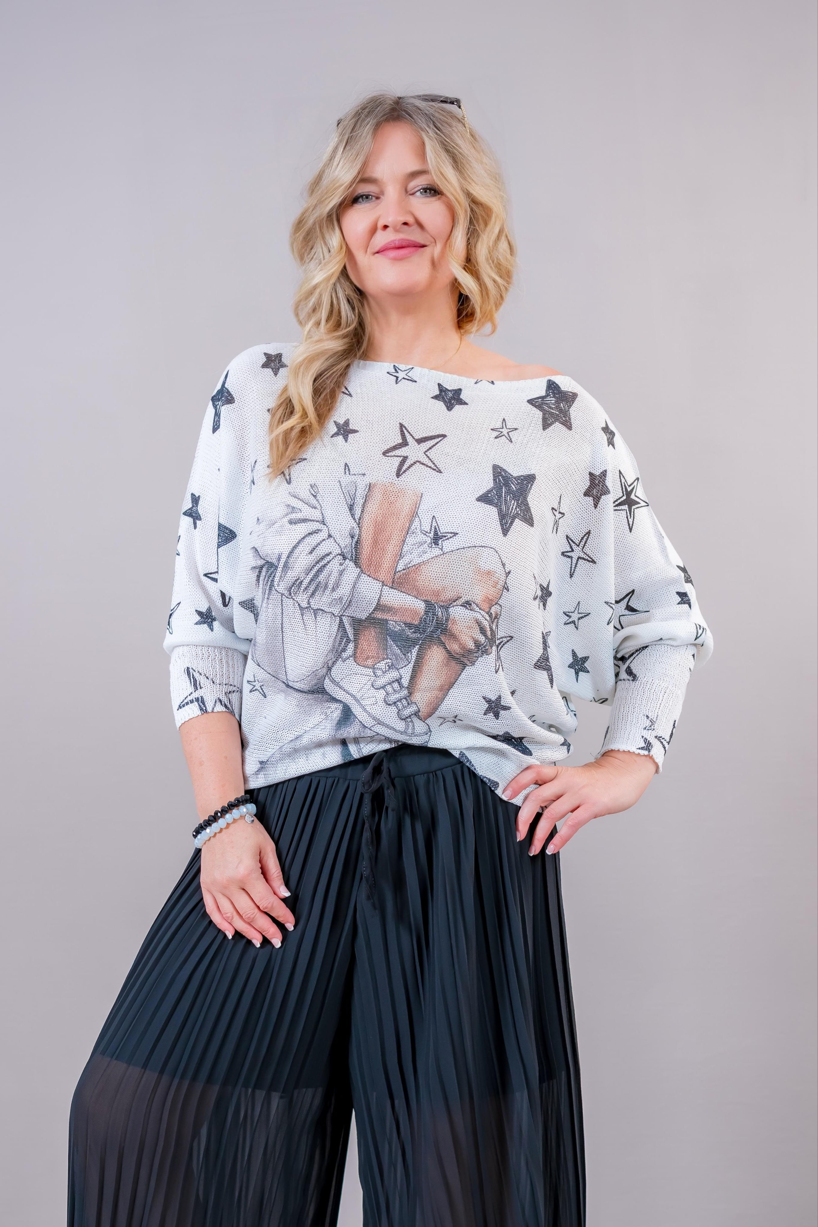 Leichter Sommerpulli mit Print, weiß/schwarz