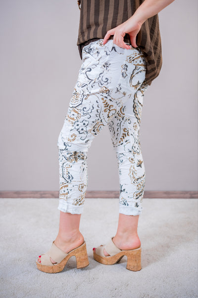 Stretchhose mit floralem Design, weiß