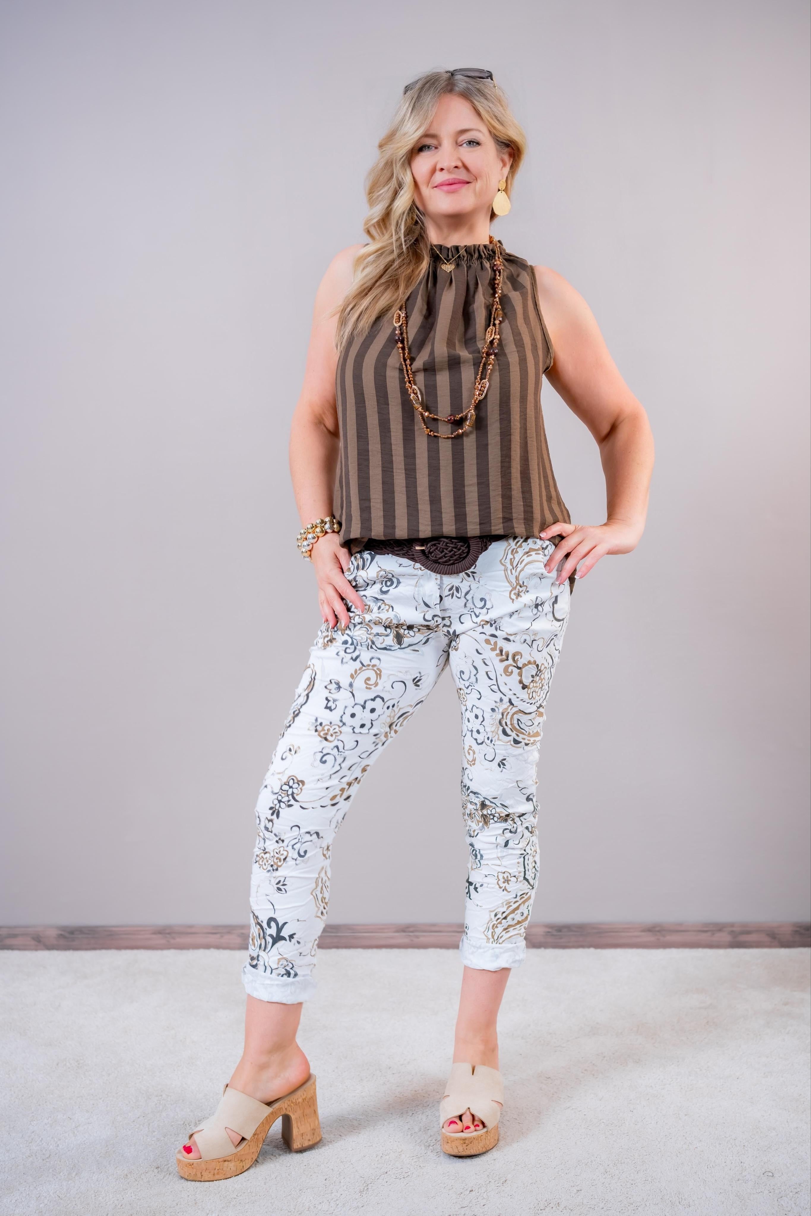 Stretchhose mit floralem Design, weiß