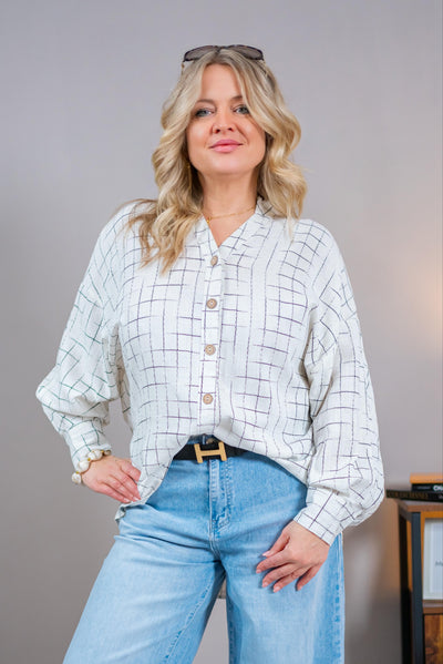 Leinen-Bluse mit Karomuster, ecru/schwarz