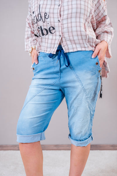 3/4-Hose in Denim-Style mit Ösen, blau