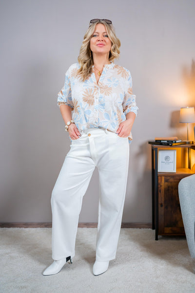 Bluse mit floralem Muster, blau/creme/beige