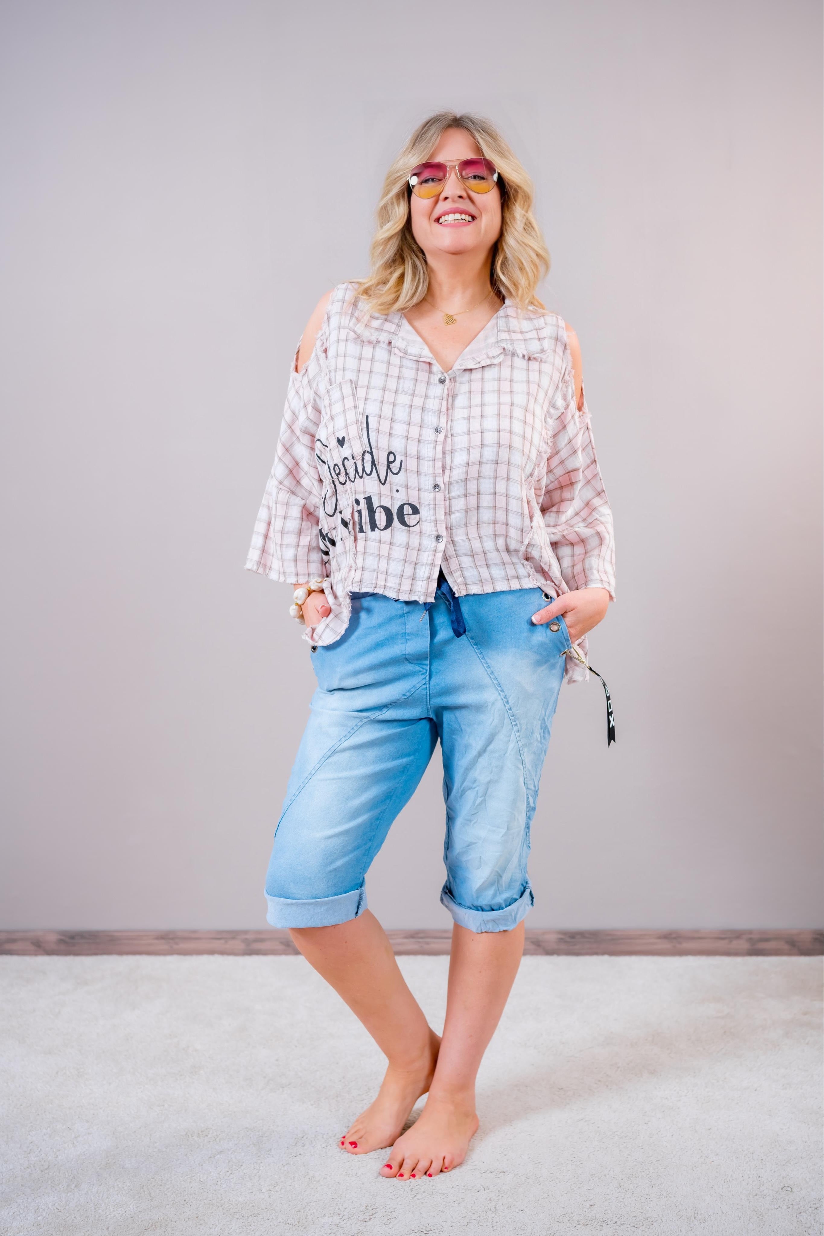 Karo-Bluse mit Cut-Outs, rosa