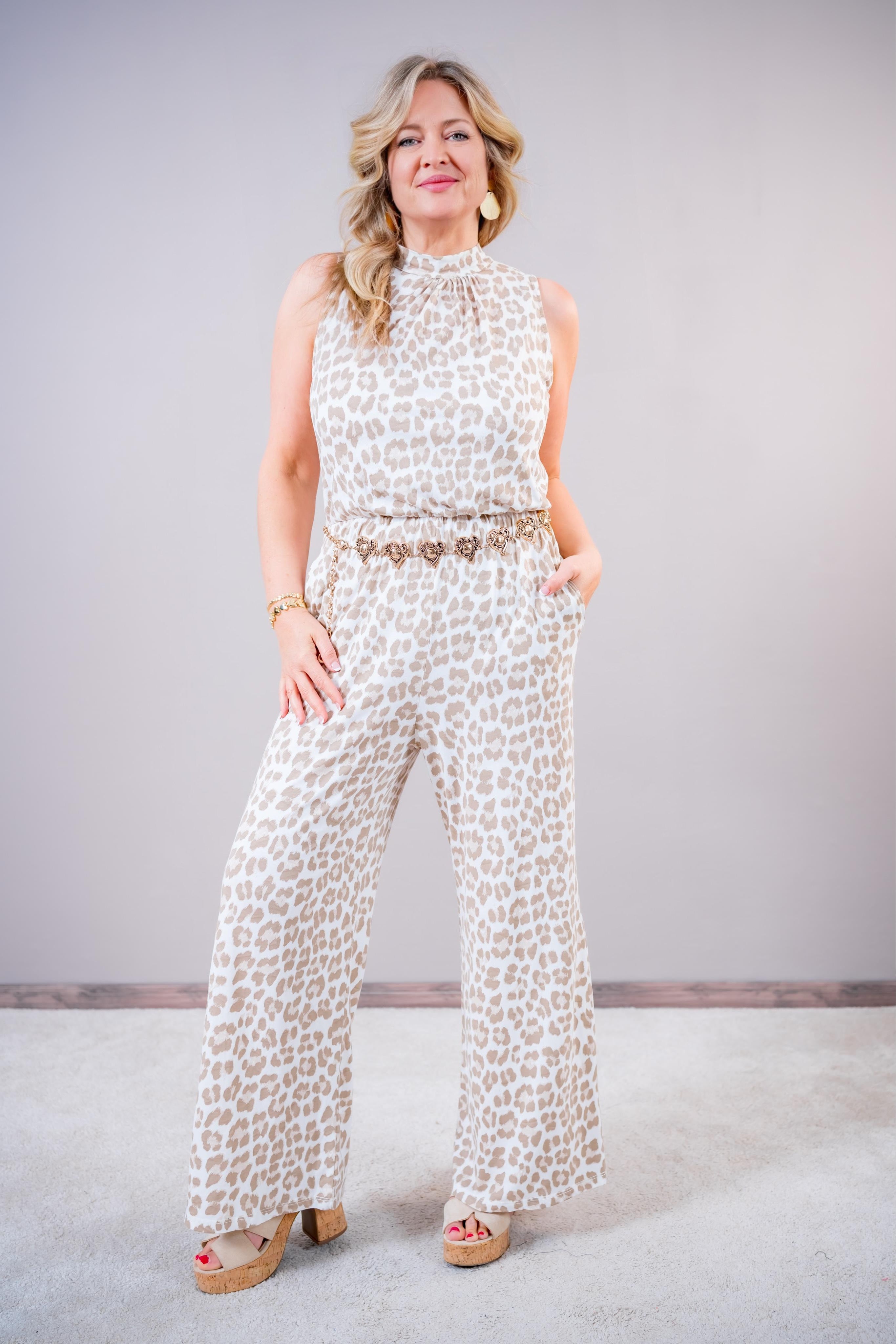 Jumpsuit mit Leo-Design, beige