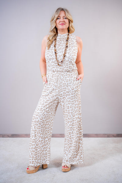 Jumpsuit mit Leo-Design, beige