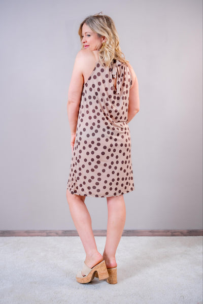 Neckholder-Kleid mit Punkten, latte macchiato