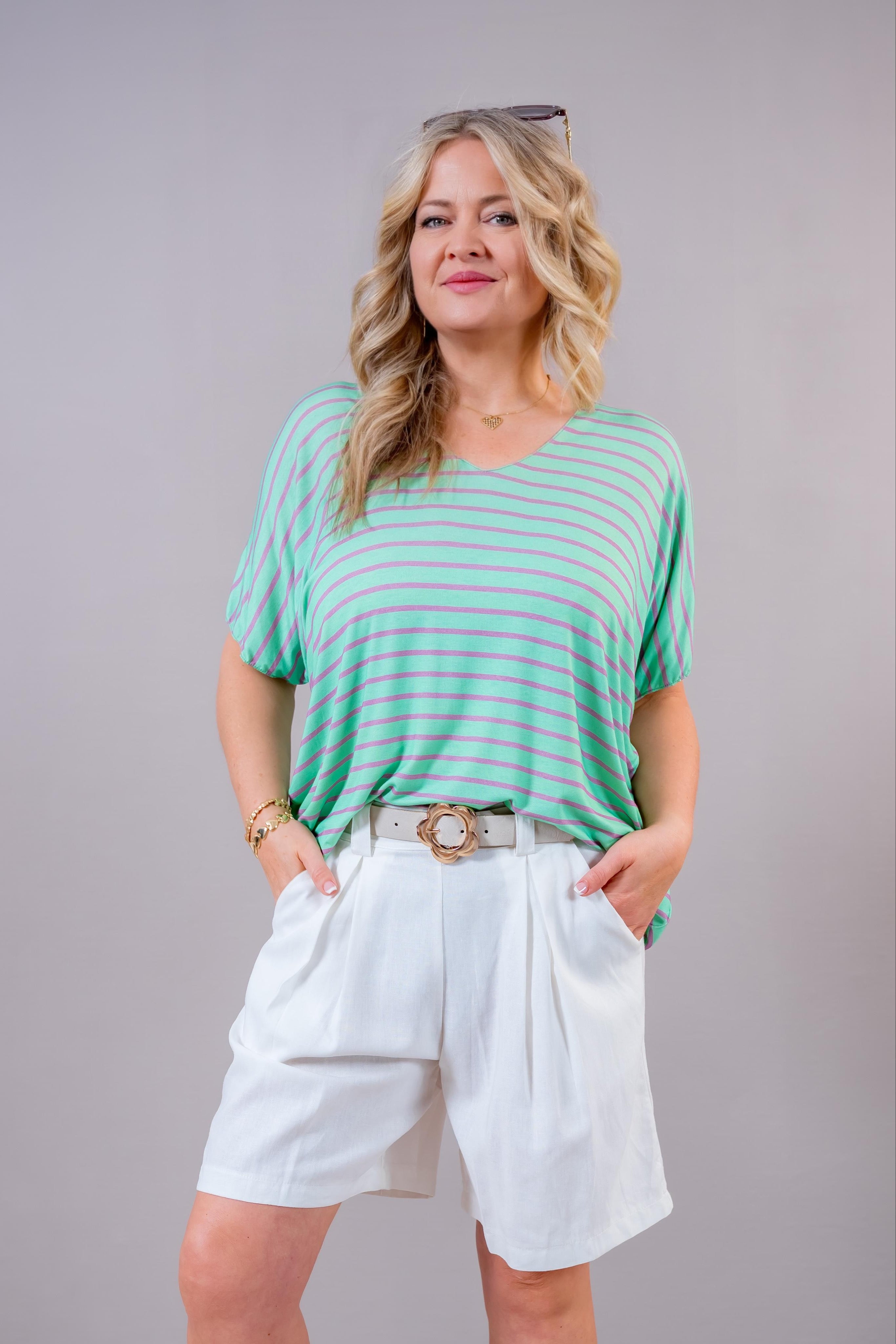Fließendes Oversize Shirt mit Streifen, grün/violett