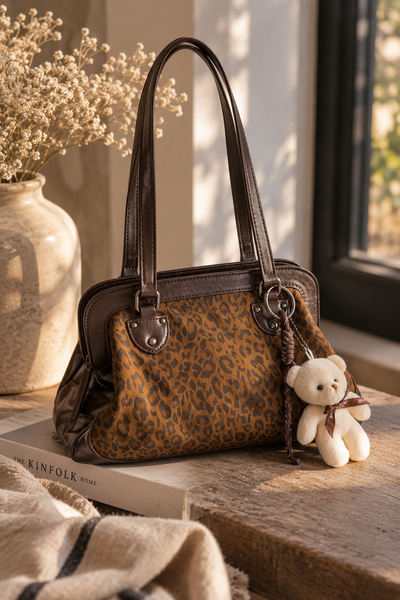 Vintage-Style Henkeltasche in Leo-Print & Kunstleder mit Teddy-Anhänger