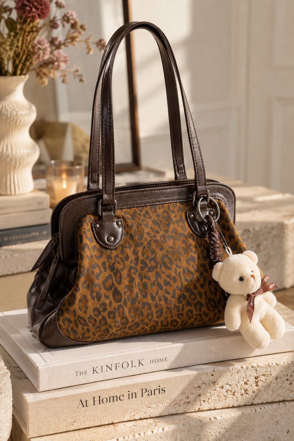 Vintage-Style Henkeltasche in Leo-Print & Kunstleder mit Teddy-Anhänger
