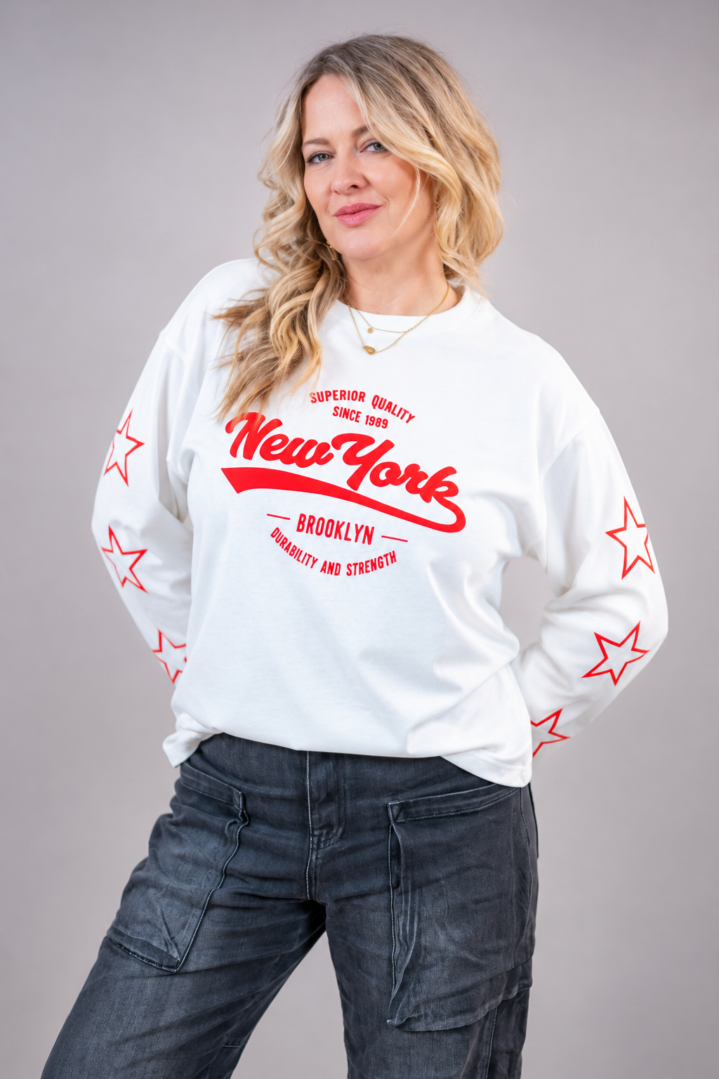 Langarmshirt mit Print, cremeweiß/rot