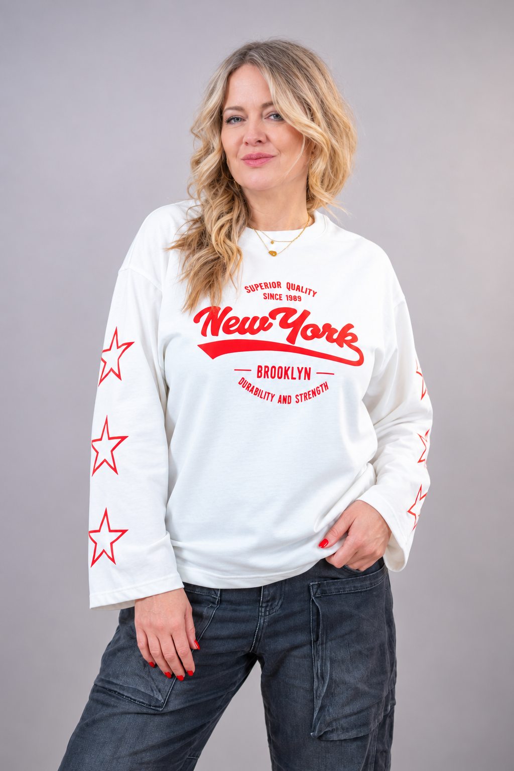 Langarmshirt mit Print, cremeweiß/rot
