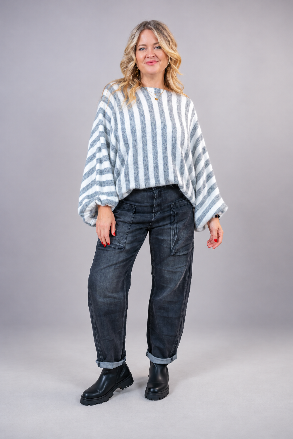 Oversize Strickpullover "Stripes", grau/wollweiß