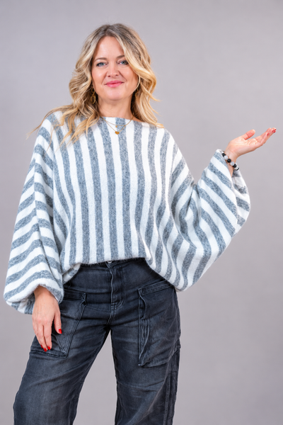 Oversize Strickpullover "Stripes", grau/wollweiß