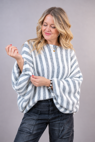 Oversize Strickpullover "Stripes", grau/wollweiß