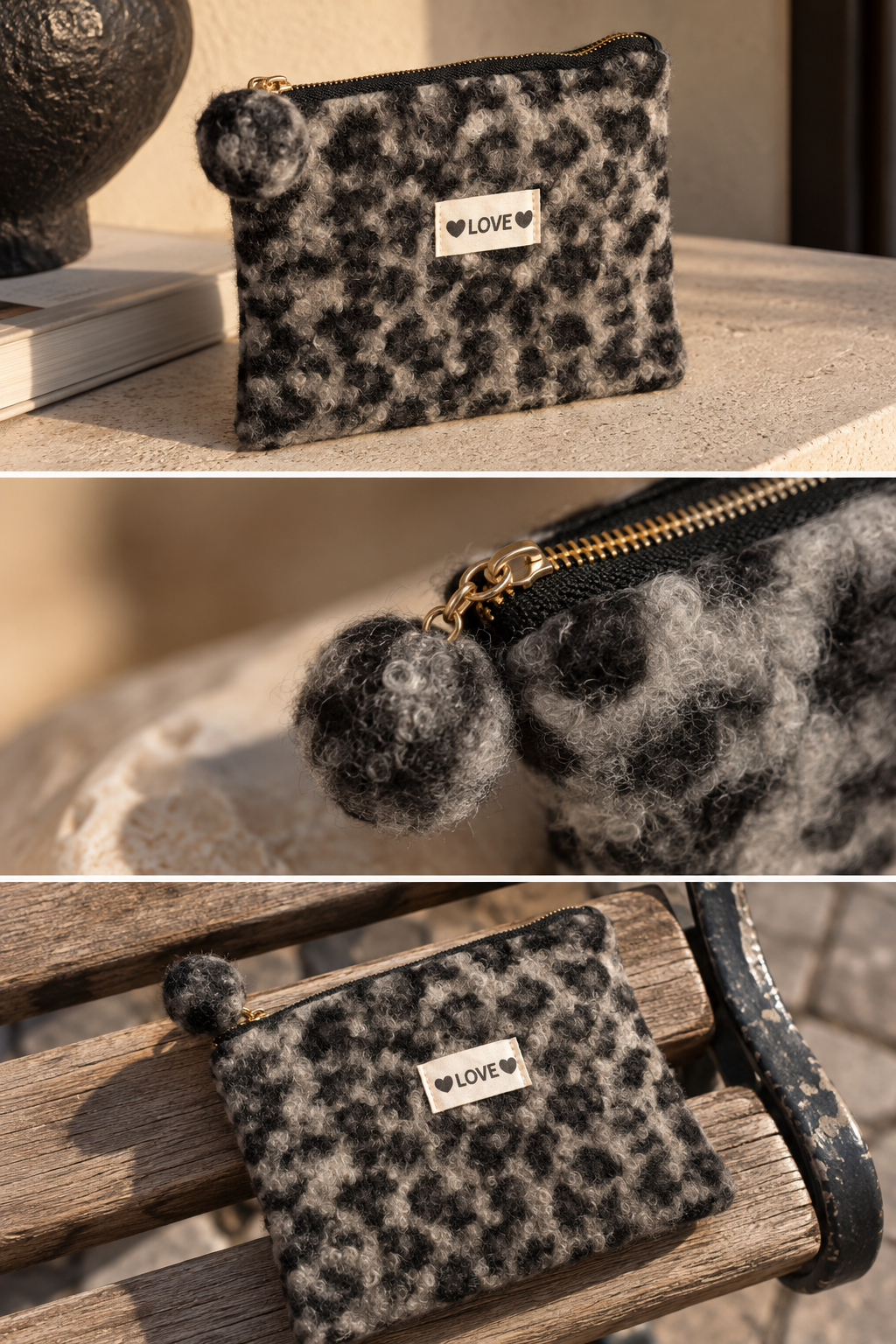 Flauschige Leo-Tasche mit LOVE-Detail, grau/schwarz