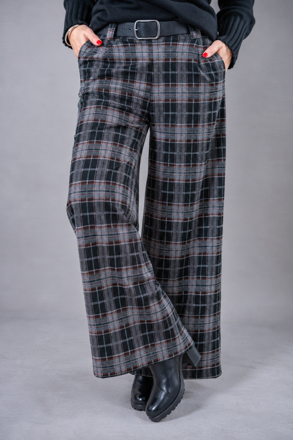 Karierte Hose Wide Leg, schwarz/grau