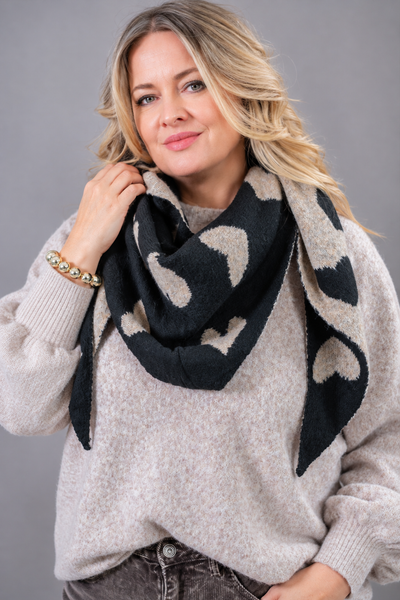 Dreiecksschal mit Herzen, beige/schwarz