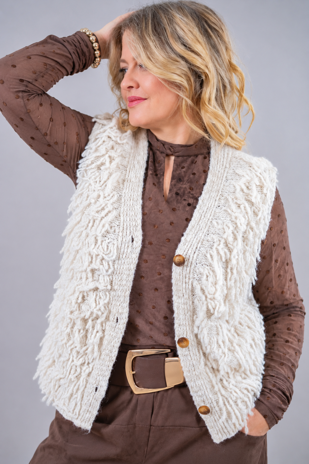 Bluse mit leichtem Stehkragen, braun