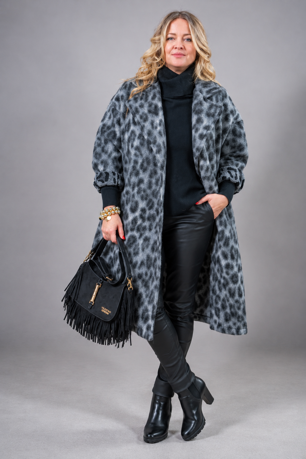 Oversize Leo Mantel, grau/schwarz