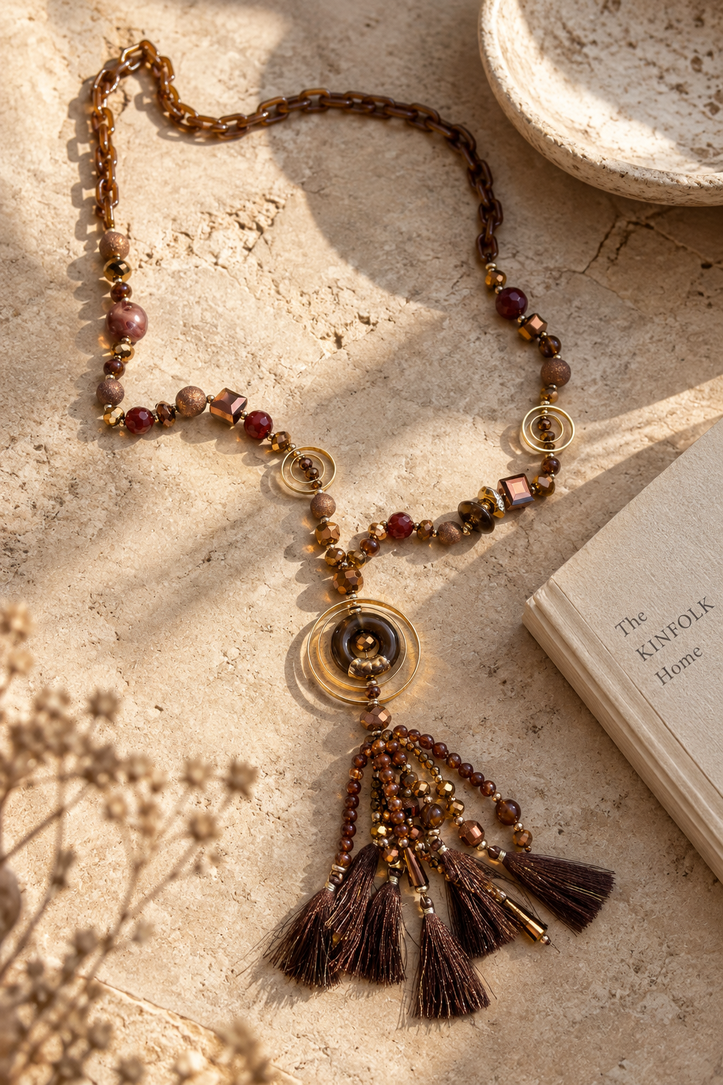 Lange Statement-Kette mit Perlen & Quasten, braun/gold