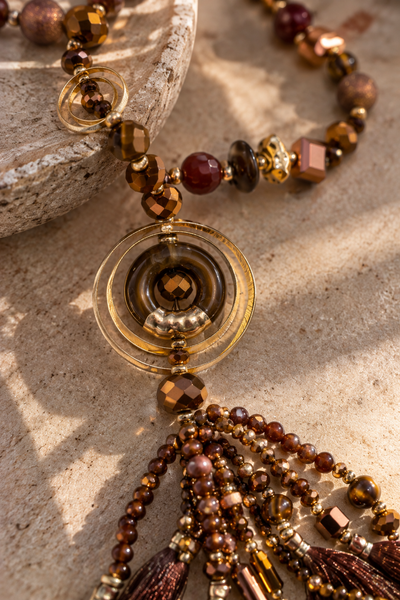 Lange Statement-Kette mit Perlen & Quasten, braun/gold