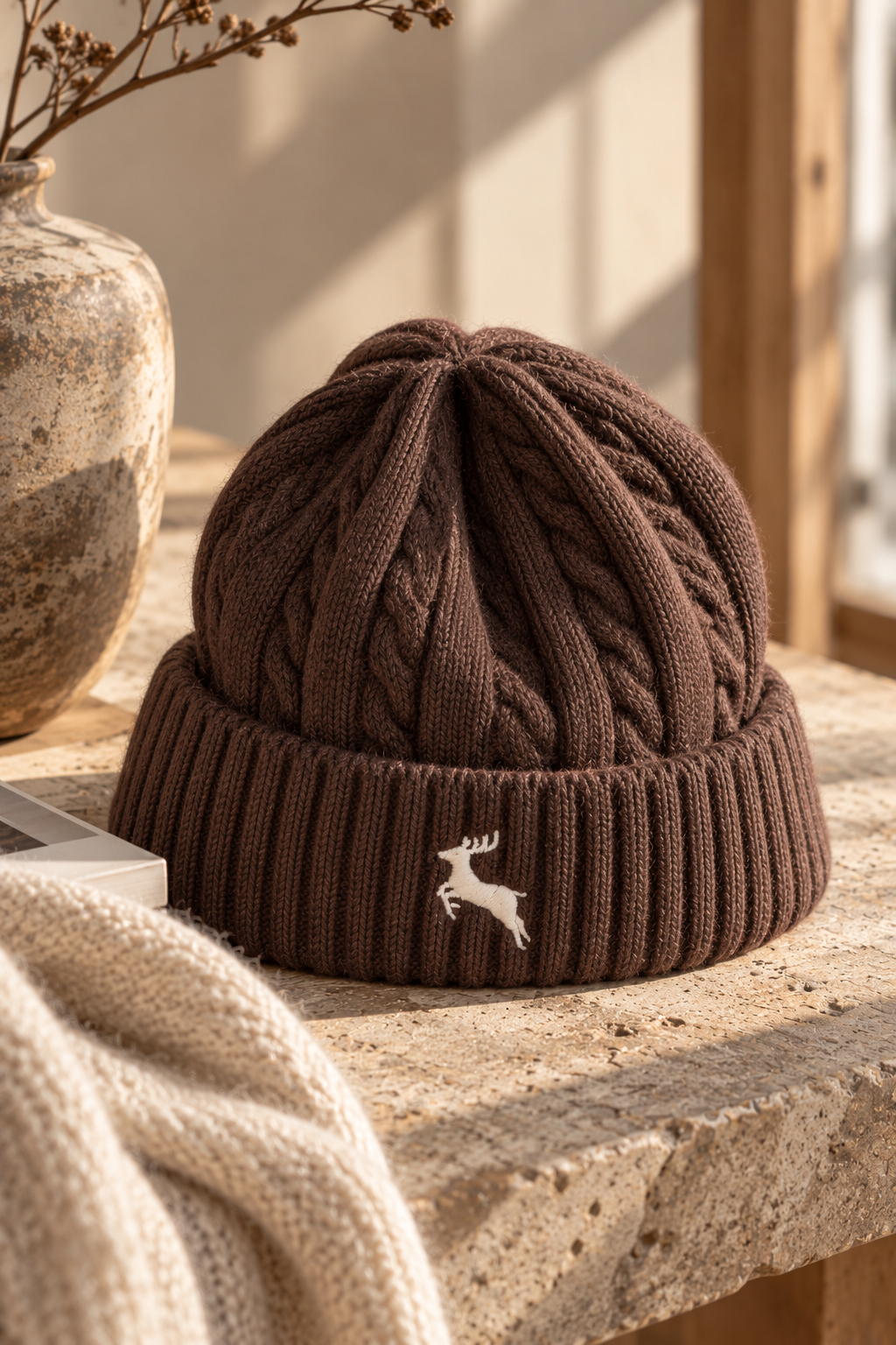 Strickmütze mit Zopfmuster, dunkelbraun