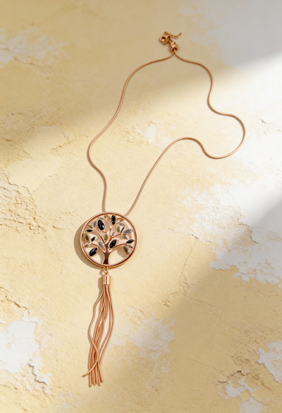 Elegante Halskette mit Lebensbaum-Anhänger, roségold