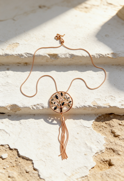 Elegante Halskette mit Lebensbaum-Anhänger, roségold