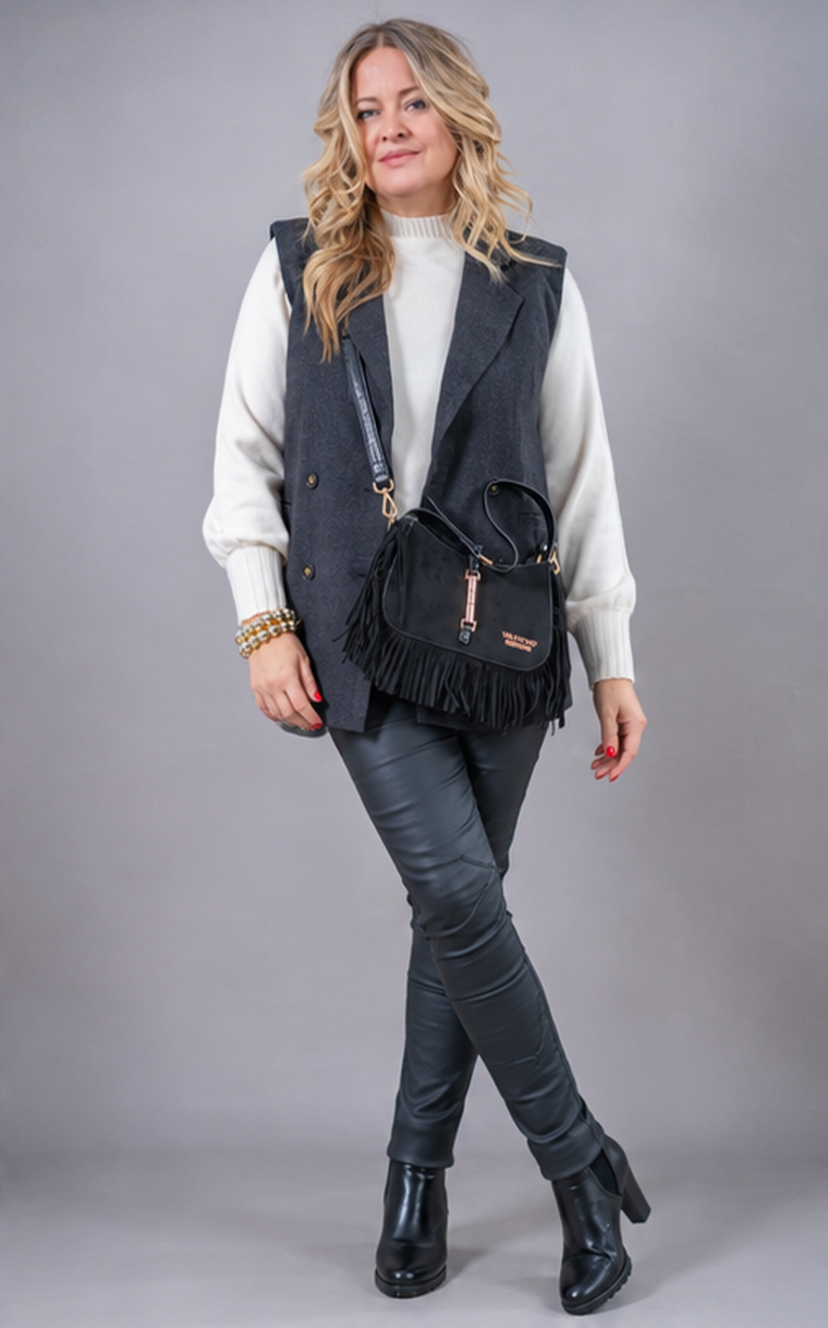 Elegante Schultertasche in Velours-Optik mit Fransen, schwarz