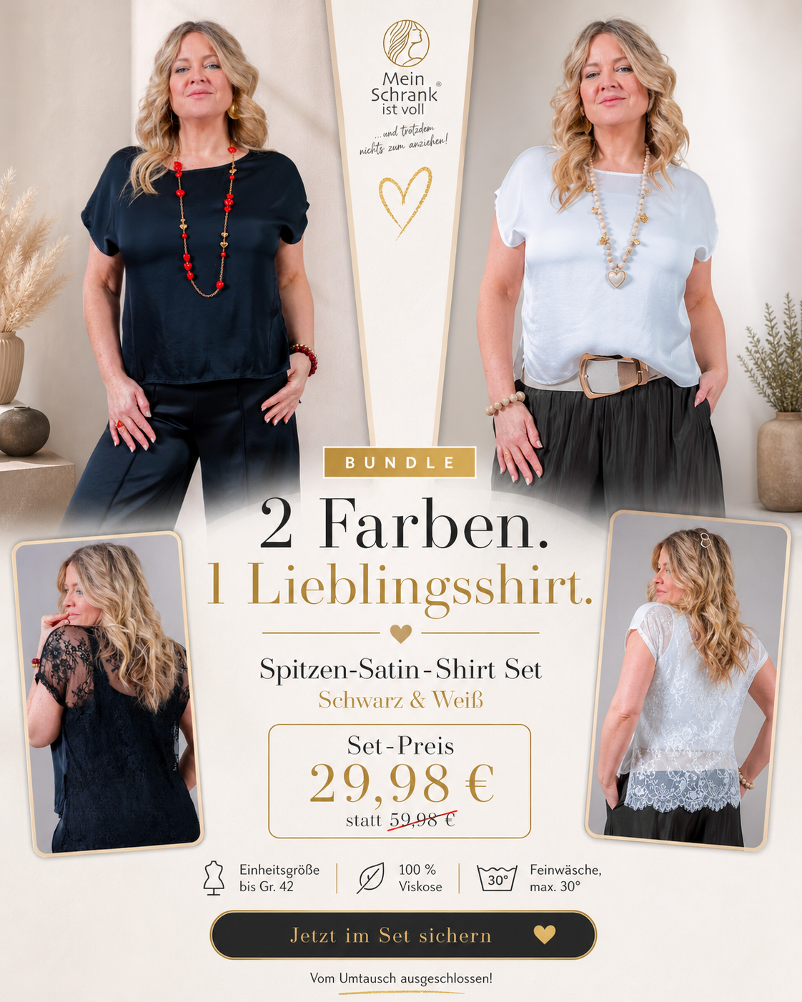 Spitzen-Satin-Shirt Set - Schwarz & Weiß