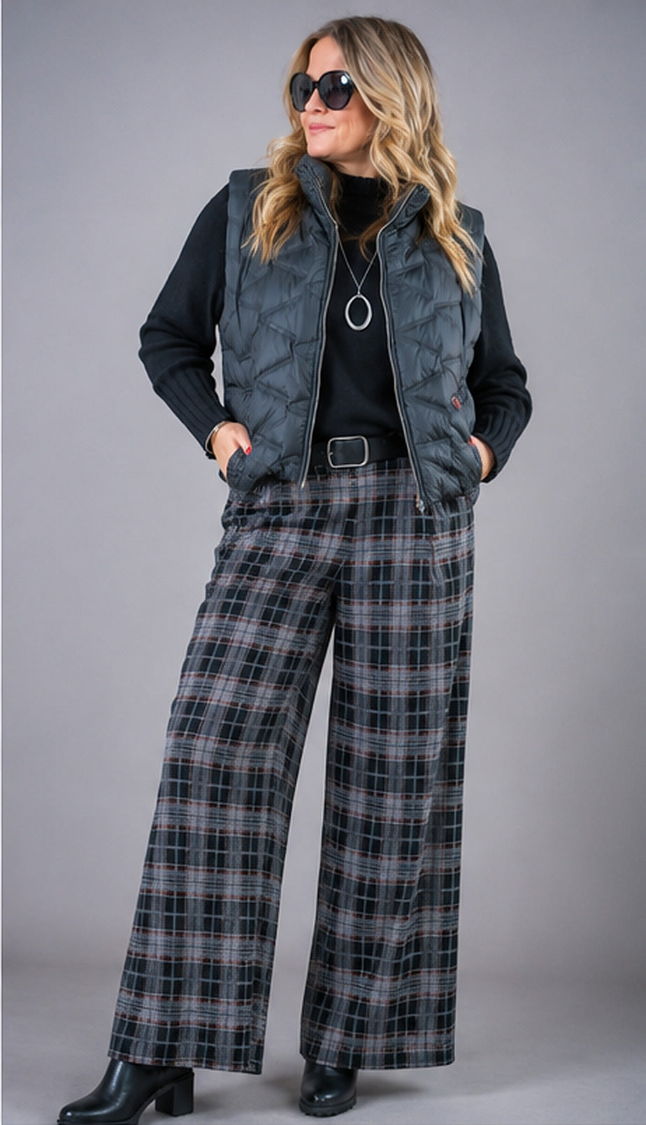 Karierte Hose Wide Leg, schwarz/grau