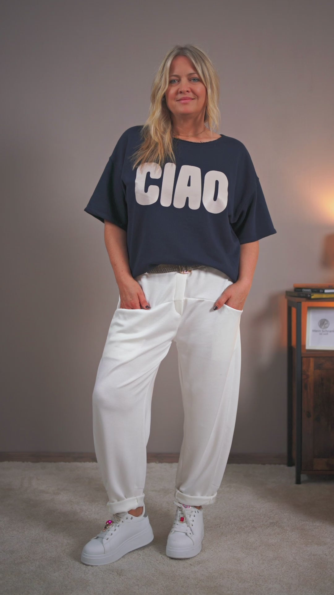 Jerseyhose mit Gürtel, wollweiß