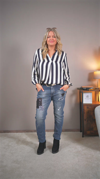 Viskose-Bluse mit Streifenmuster, schwarz/weiß