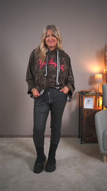 Oversize Sweatshirt mit Camouflage-Print und Kapuze, dunkelbraun