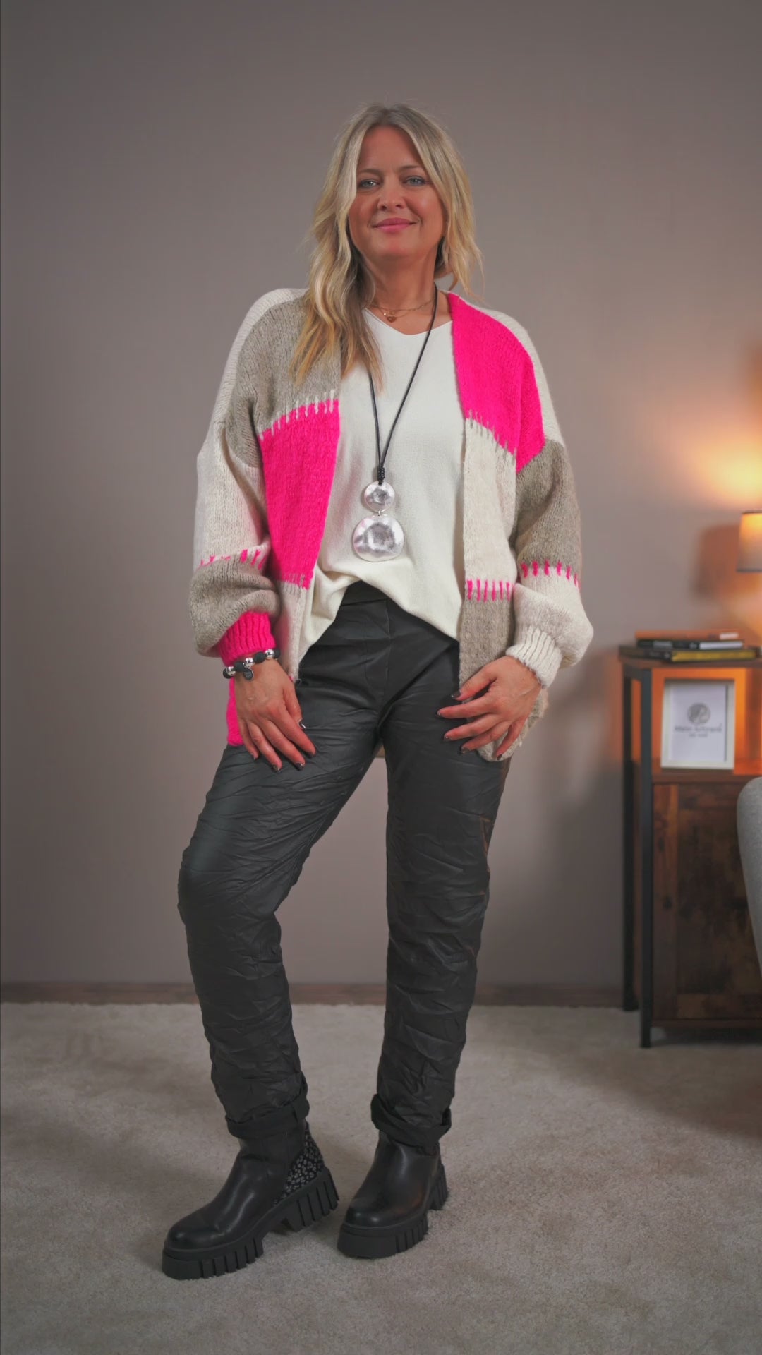 Oversize-Strickjacke, taupe-pink-wollweiß
