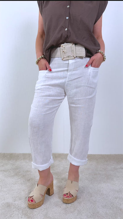 Leinenhose mit Gürtel, weiß