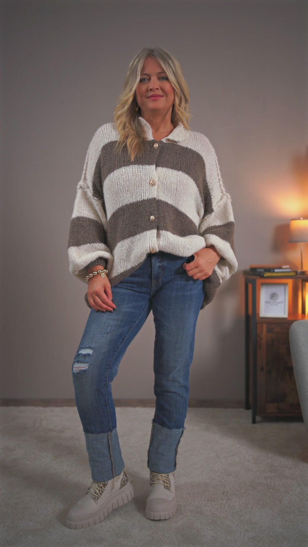 Oversize-Strickjacke, creme-taupe