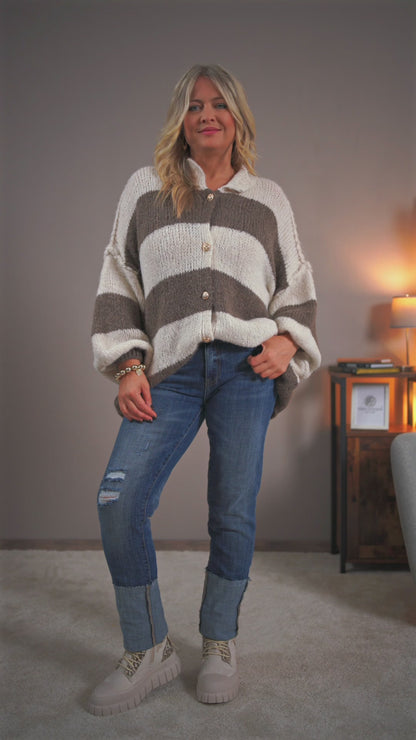 Oversize-Strickjacke, creme-taupe