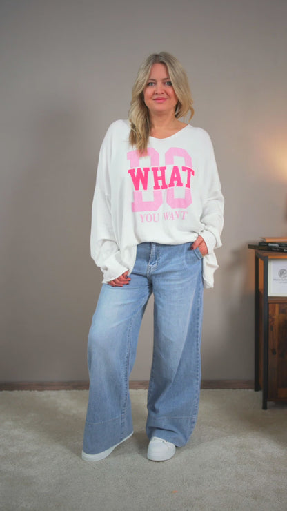 Oversize-Pullover mit Schriftzug, weiß mit neonfarbenen Druck