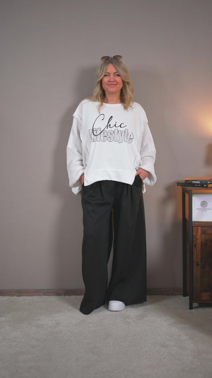 Sweatshirt mit Statement-Print und Strickärmeln, weiß