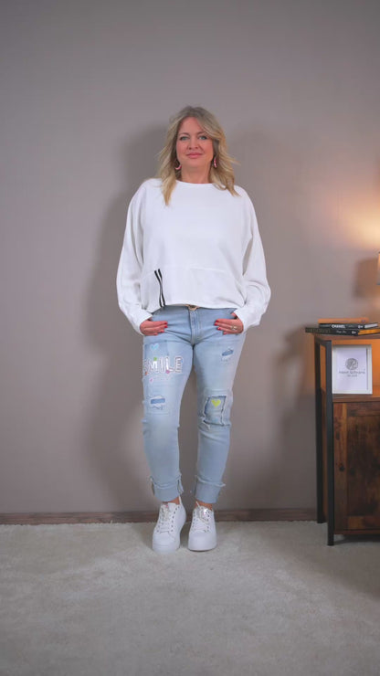 Oversize Sweatshirt mit Streifen-Detail, weiß