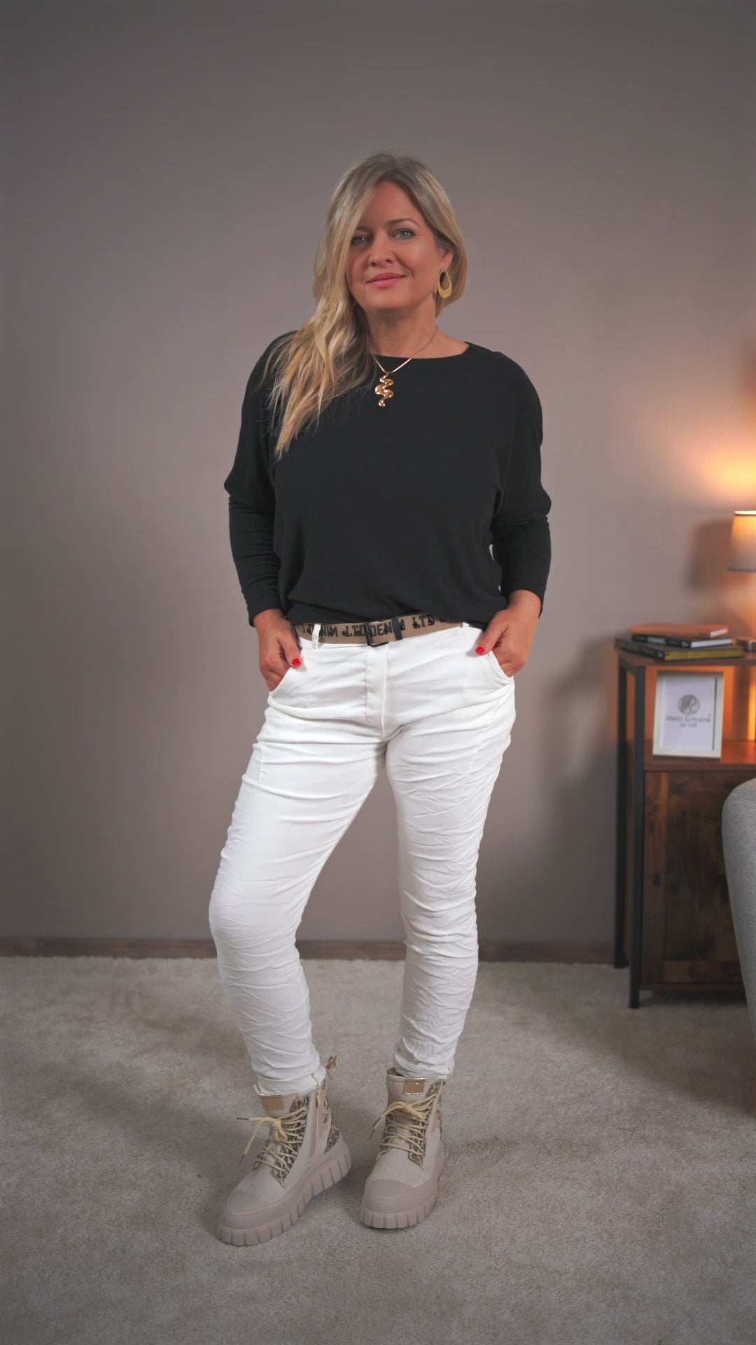 Stretchhose im Crinkle-Look, off-white