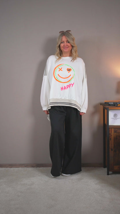 Oversize Sweatshirt mit Smiley-Motiv, weiß/bunt