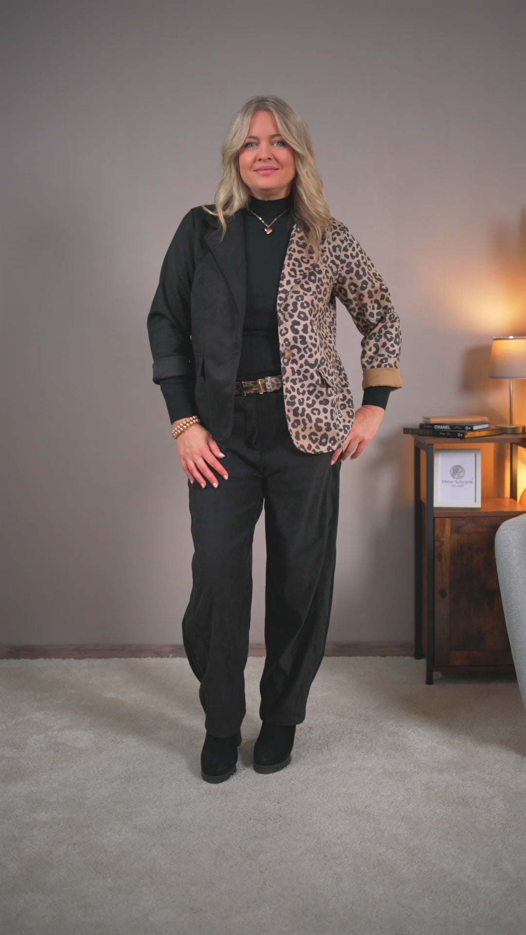 Video laden: Fashion-Blazer im Two-Tone-Design, schwarz/leo