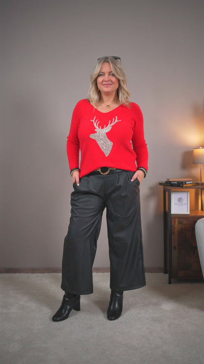 Feinstrickpullover mit Glitzer-Hirschmotiv, rot